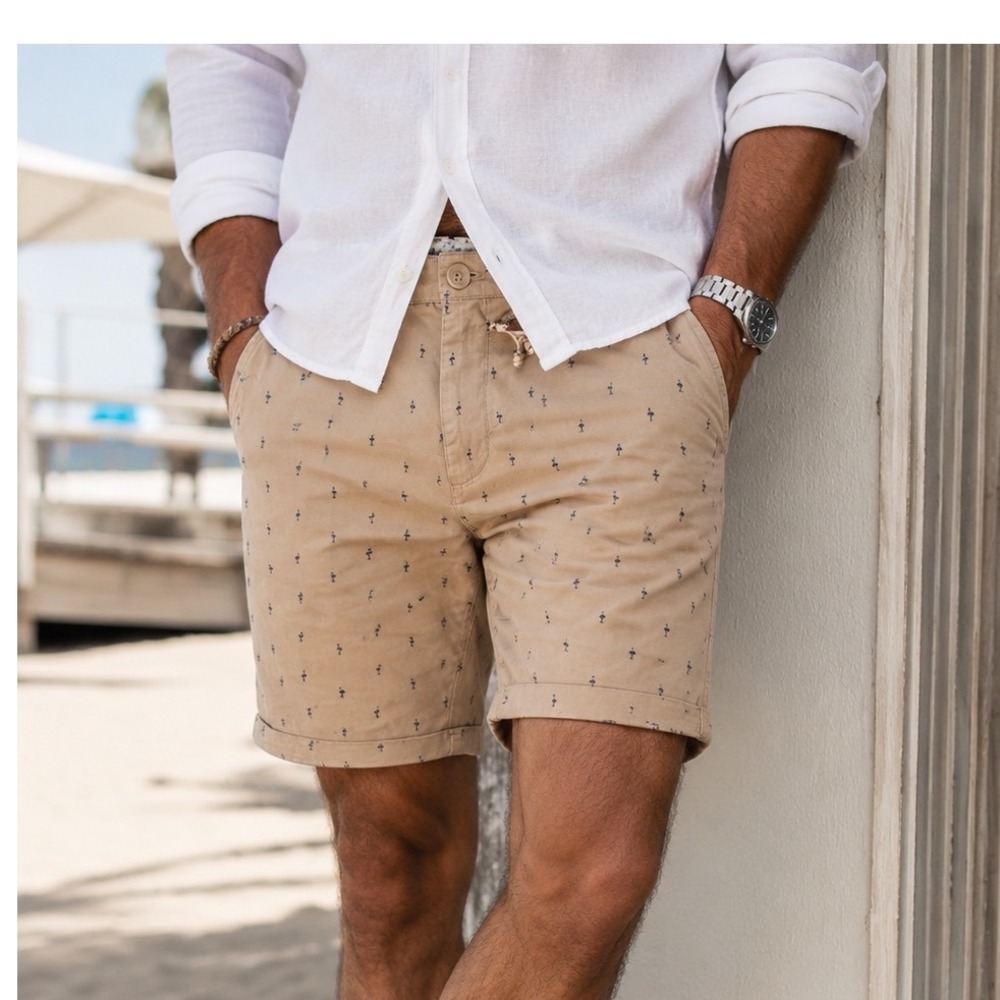 Denim & Flower Ricky Singh Shorts Mens 32 Tan Blue Flamingo Contrast‎ Cuff Beach